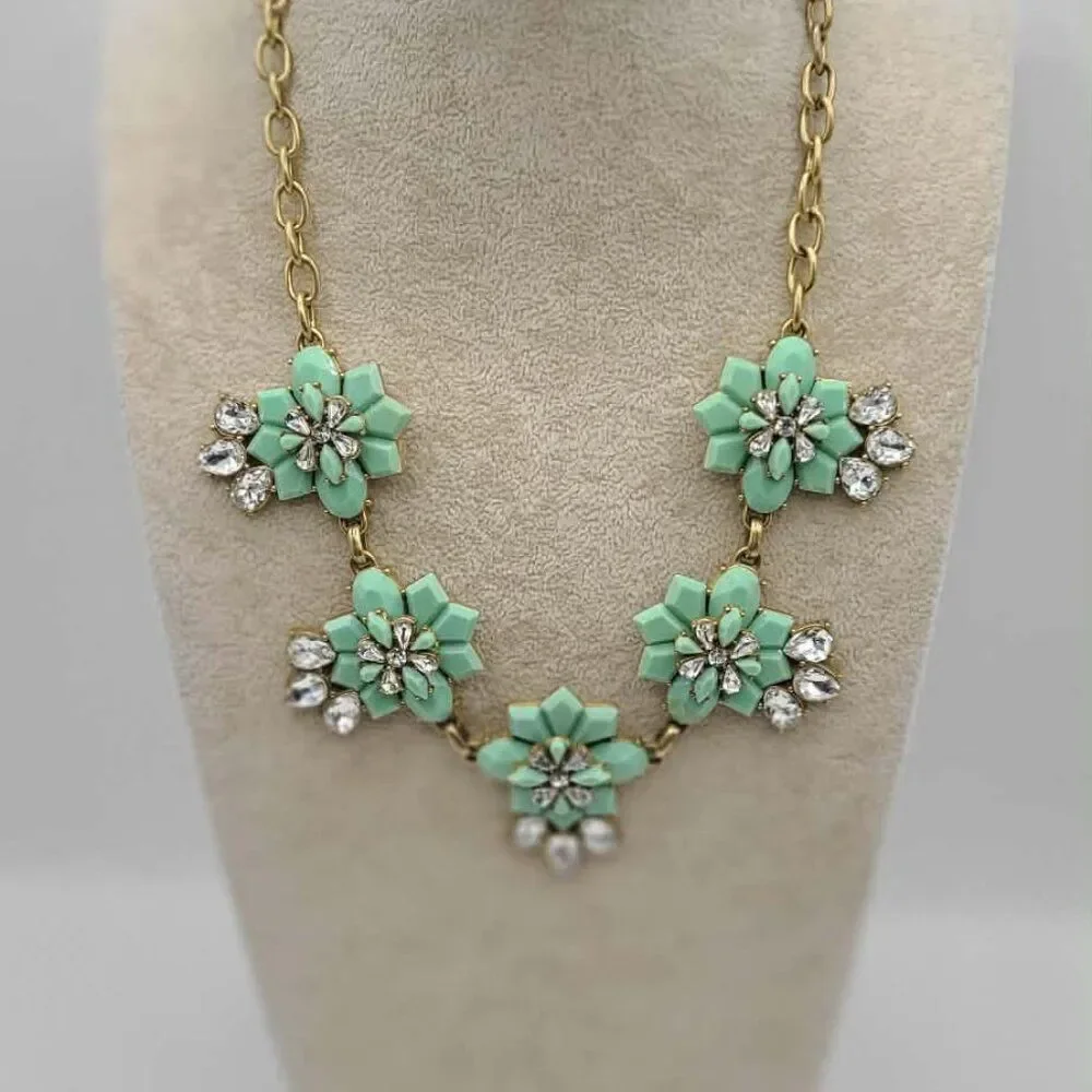 J Crew Mint Green Resin and Clear Crystal Necklace